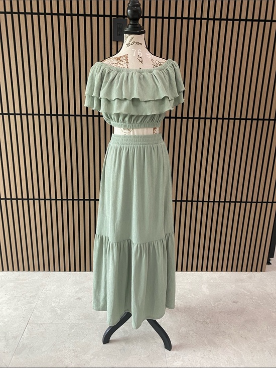Almost Famous Dresses & Skirts - Almost Famous Sage Green Tiered Off-Shoulder Maxi Set